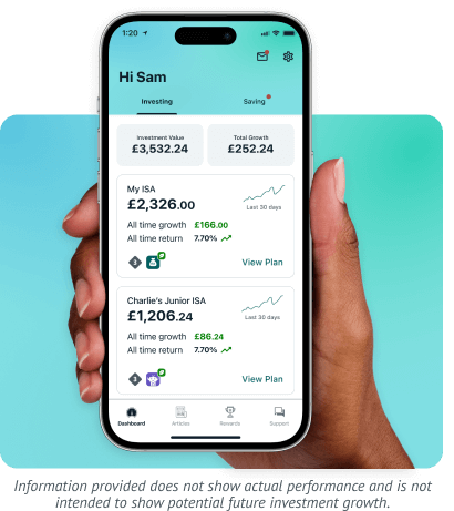 Wealthify plans on dashboard showing investments separated by type. Information provided in this image does not show actual performance and is not intended to show potential investment growth.