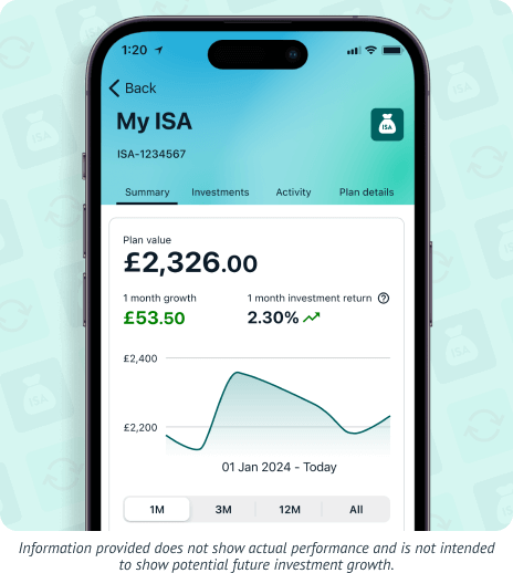 Wealthify ISA Plan view showing plan performance over 1 month growth. Information provided in this image does not show actual performance and is not intended to show potential investment growth.