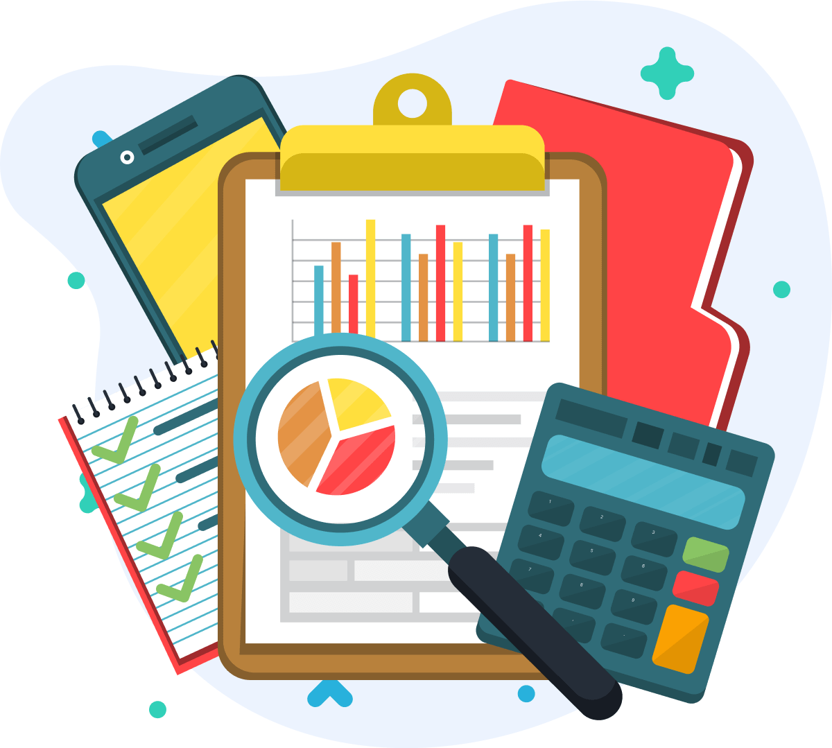 A graphic which shows various icons, such as a calculator, a clipboard with graphs, a magnifying glass, a checklist, a folder and a phone.