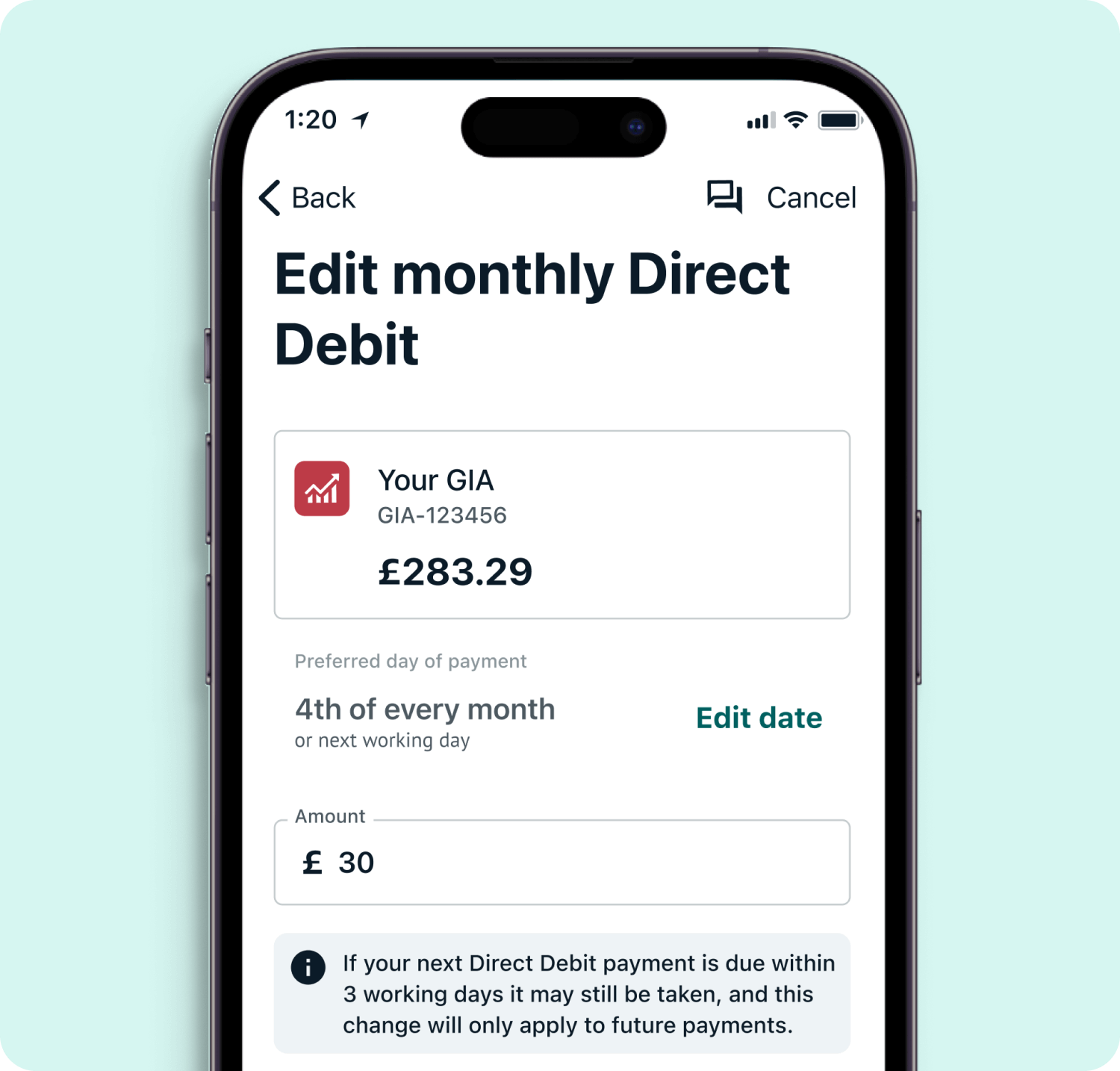 A snapshot of a Wealthify GIA showing a user entering a direct debit of £30 a month.