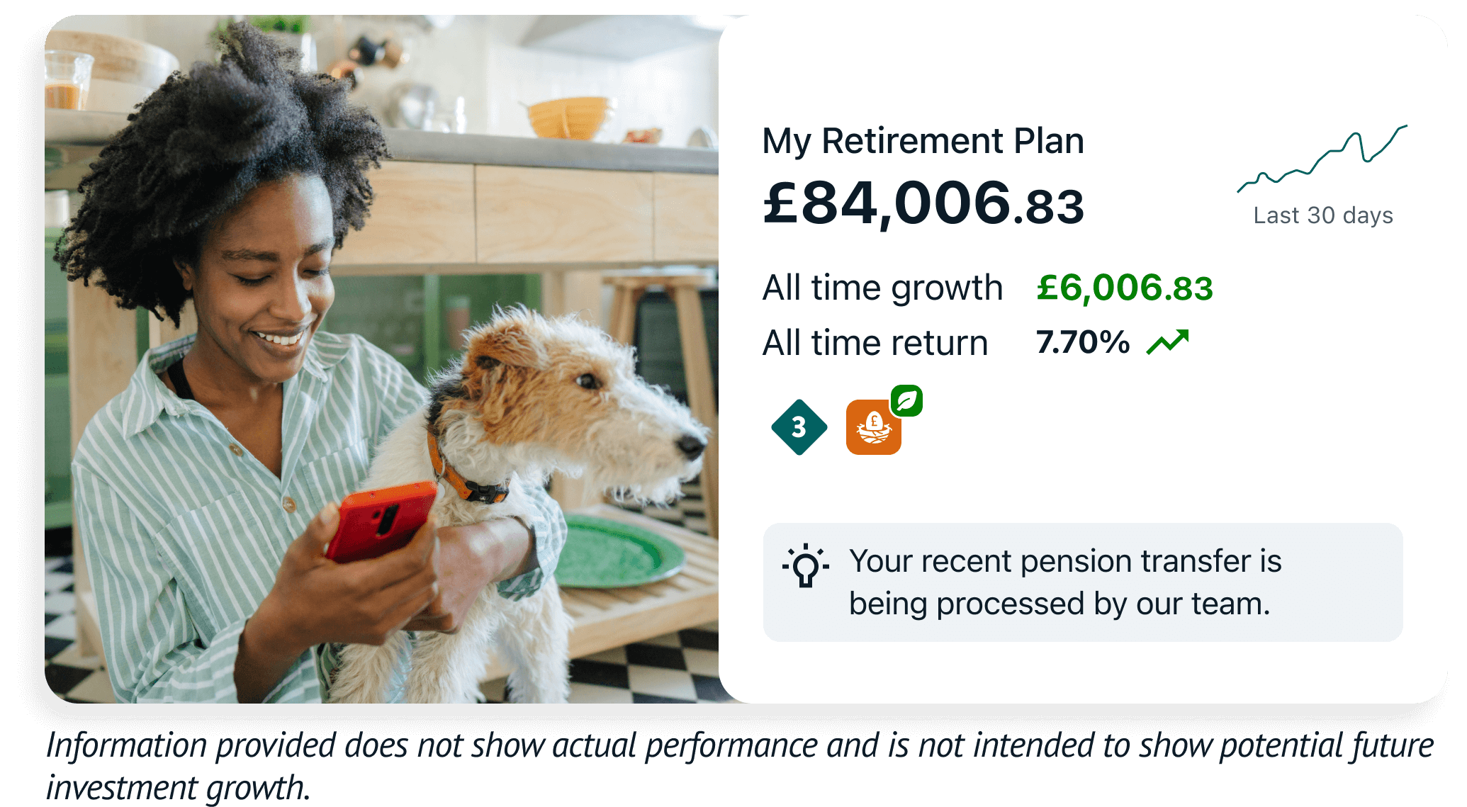 This image is split into two. On the right, shows a snapshot image of an example Wealthify pension account with the message 'Your recent pension transfer is being processed by our team.' This image also illustrates an example retirement plan and how it's grown overtime. On the left shows a lady hugging her dog in a kitchen whilst smiling down at her phone.