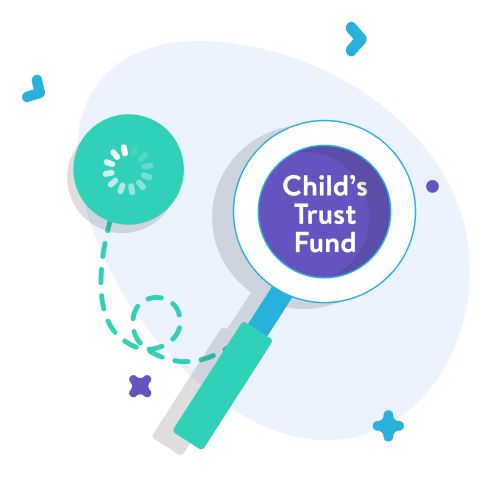 A magnifying glass with the text 'Child's Trust fund' in the middle of the lens. Trailing off the magnifying glass is a bubble with a loading symbol.