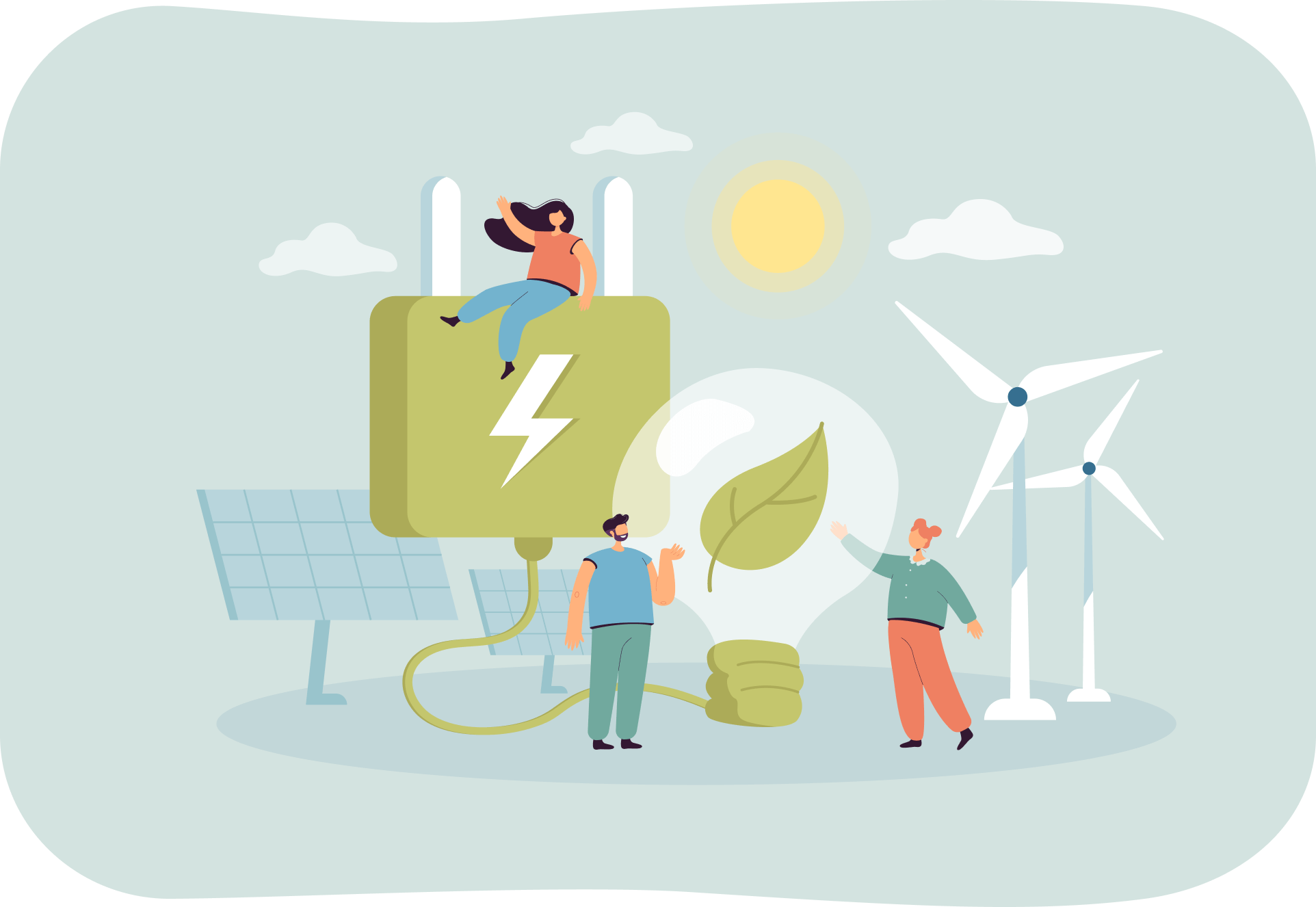 An illustration of a woman sitting on a giant green plug with a lightning bolt icon. She is waving at two men on the ground staring at a lightbulb with a leaf in the glass. In the background is two windturbines.