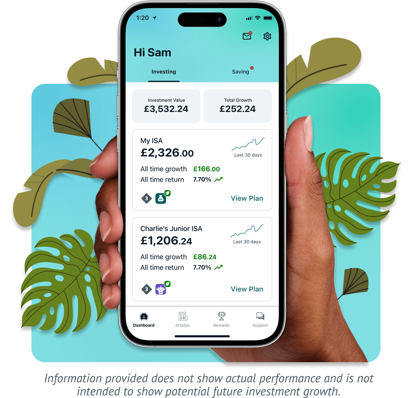 A hand holding up a phone displaying an example Wealthify ethical account via our app.