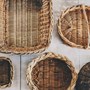 A birds eye view of several wicker baskets.