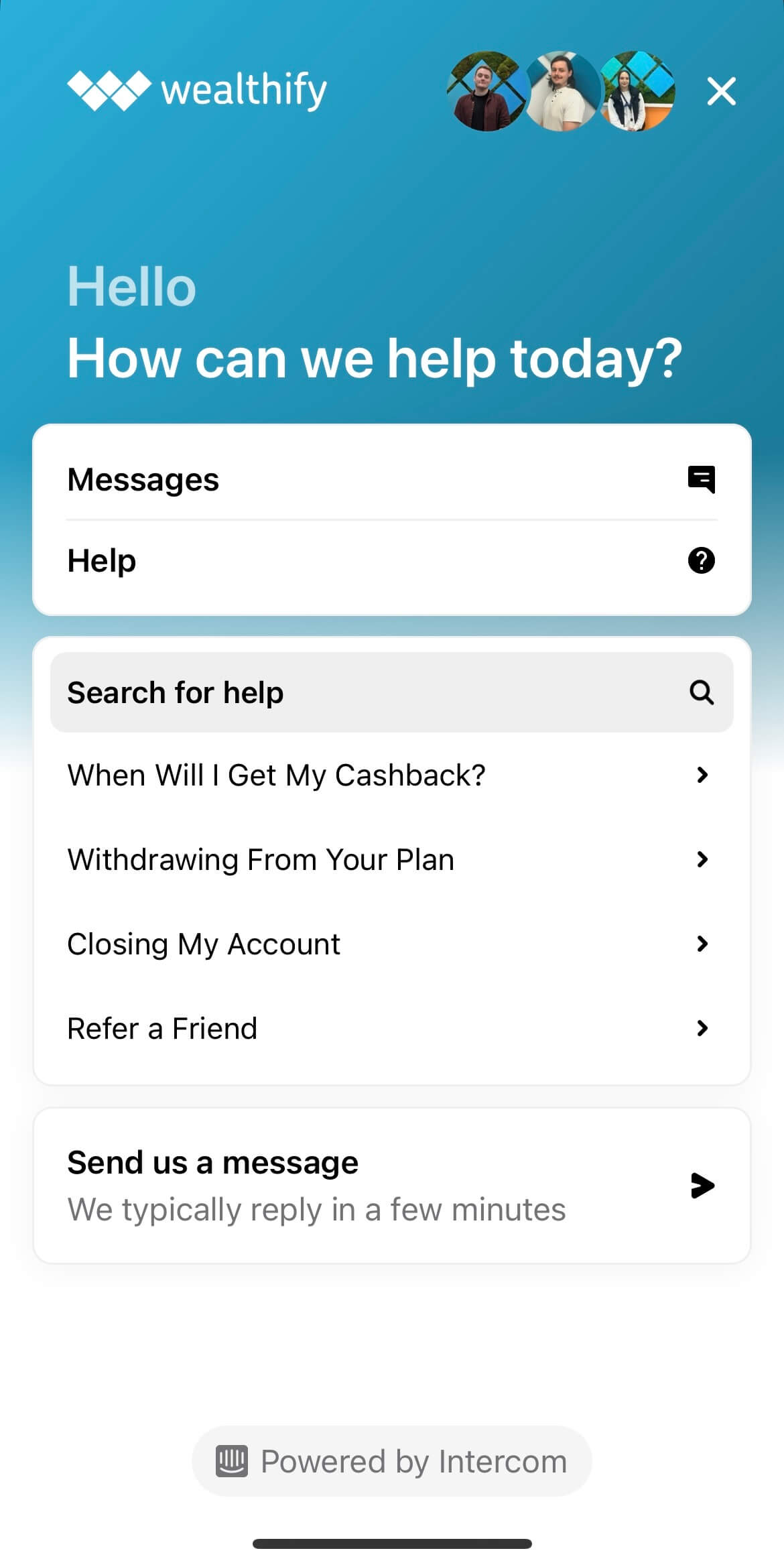 A screenshot of Wealthify’s in app messaging feature.