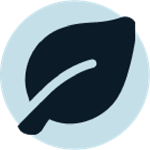 Circular icon of a leaf which is dark blue on a light blue background