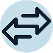 Circular icon with two navy arrows pointing left and right to imply a transfer.