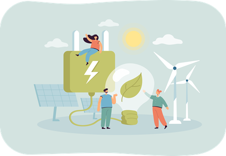 an illustration representing green energy. A woman sits on top of a green plug connected to a slight bulb with a leaf in the middle. There are wind turbines and solar panels in the background.