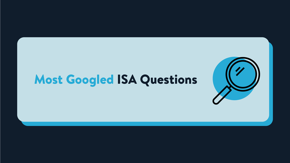 A light blue rectangle on a dark navy background with the words Most Googled ISA Questions. Next to this is an icon of a magnifying glass designed in Wealthify's colour scheme and style.